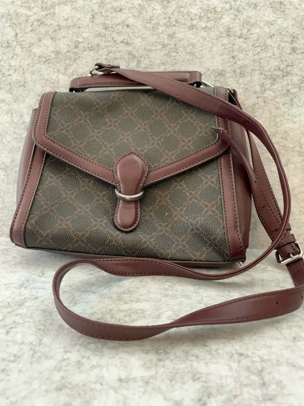 Nine West Monogram Print Structured Satchel Handbag in Brown and Burgundy